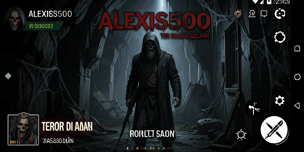 Screenshot ALEXIS500 menampilkan momen menegangkan dalam kegelapan.