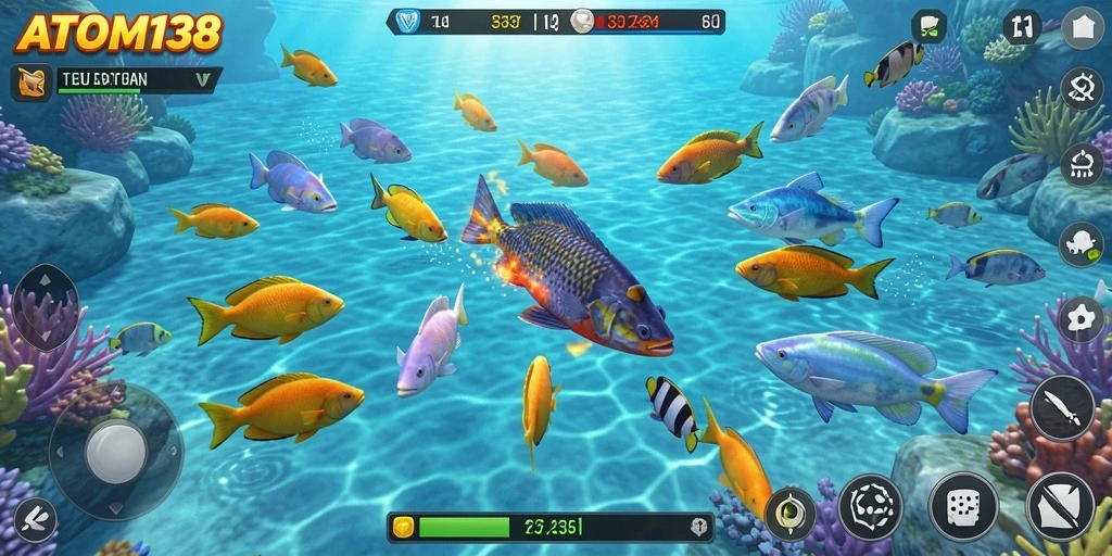 Tampilan gameplay ATOM138 dengan aksi tembak ikan yang seru.
