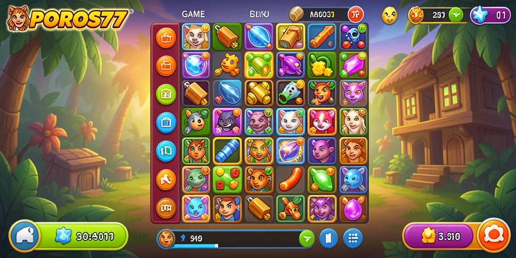 Tampilan gameplay seru dari POROS77 dengan elemen Match-3.
