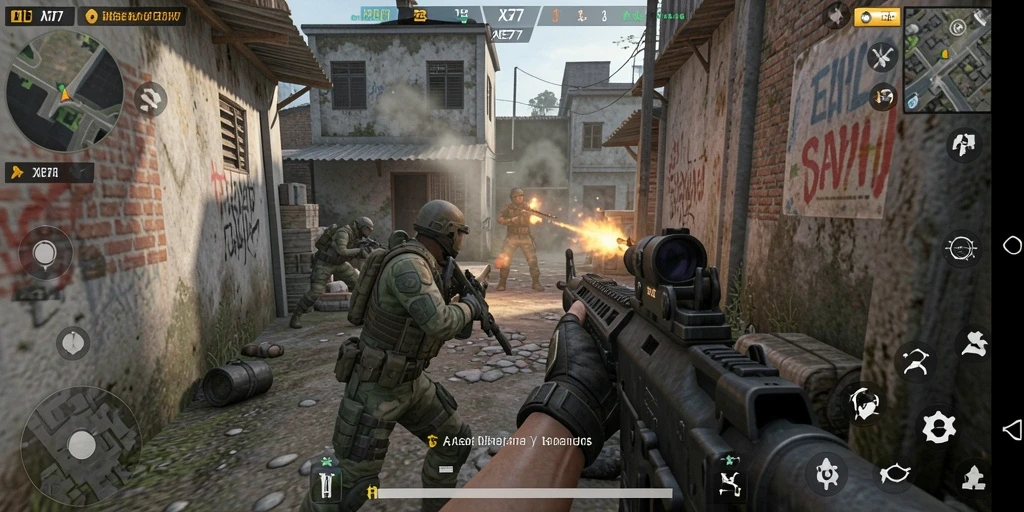 Tampilan gameplay XE77 yang mendebarkan di medan perang FPS.